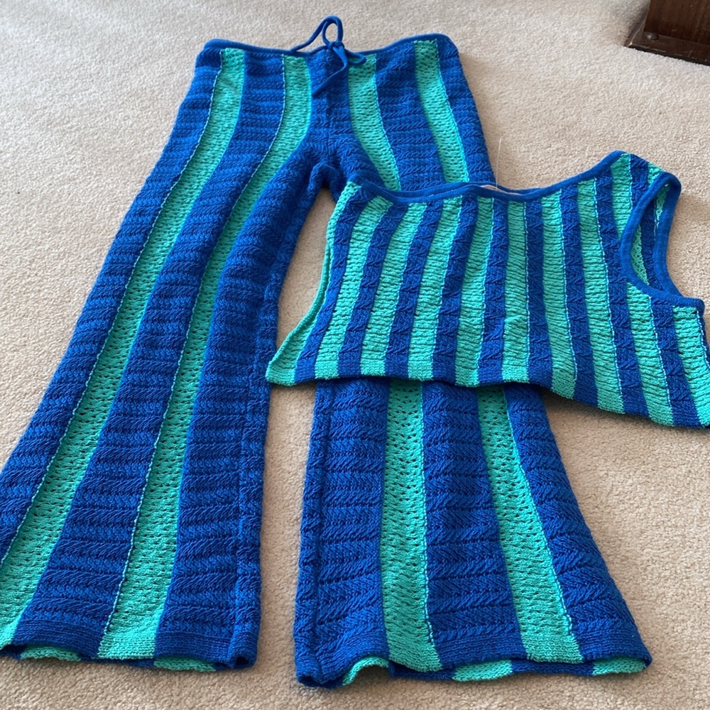Free-est Free People blue teal striped Joan faux Chet pants tank set New - Picture 4 of 5